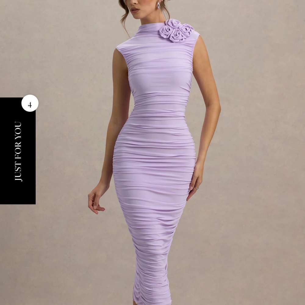 Club L London Bridget High-Neck Gathered Midi Dress with Floral Detail Lilac